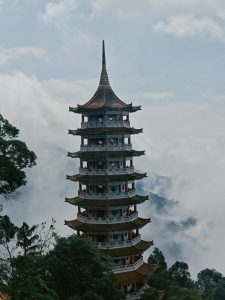 This image shows the pagoda at the Chin Swee Caves Temple in Genting Highlands, Malaysia. 